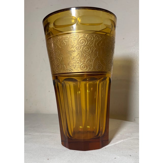 Gemstone High Quality Antique Ornate Moser Karlsbad Orange Amber Brass Crystal Glass Vase For Sale - Image 7 of 14