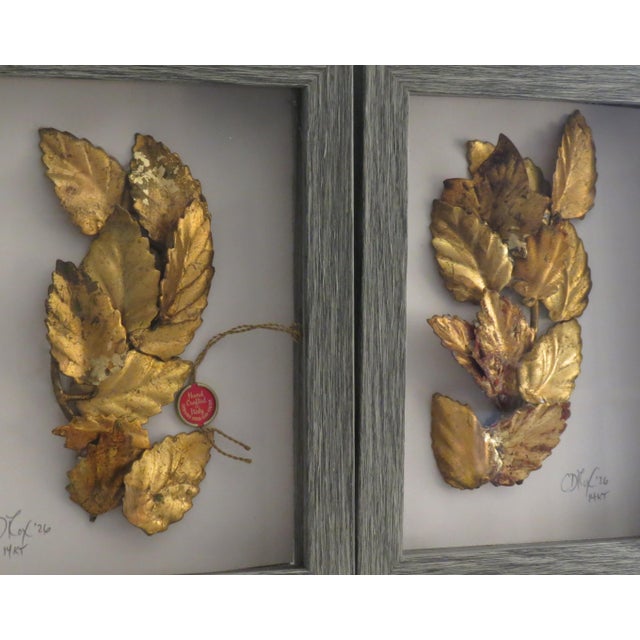 Width: 6 inches Height: 8 inches Really unique Mid Century Modern Italian 14KT Gold Leaf Tole collages under glass in...