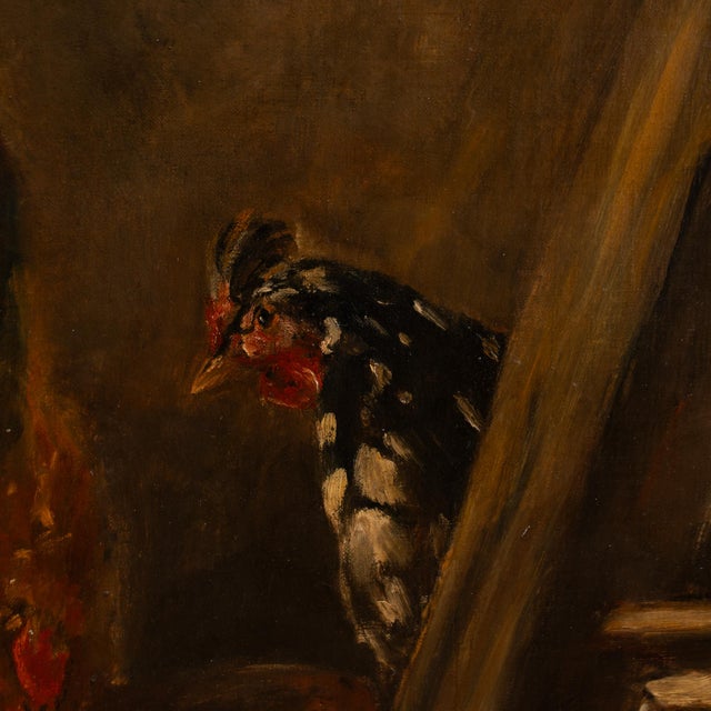 19th Century Spanish Oil on Canvas Barn Scene With Rooster and Chickens For Sale - Image 9 of 12