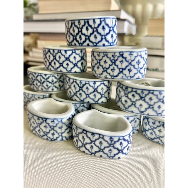 2000 - 2009 Vintage Williams Sonoma Blue & White Porcelain Napkin Rings - Set of 12 For Sale - Image 5 of 12