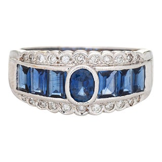 Mid 20th Century Sapphire Diamond Band 18k White Gold Wedding Ring size 7 For Sale