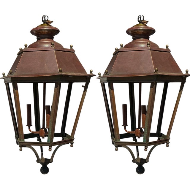 French Mid-Century French Large Scale Hexagon Copper / Cast Iron & Brass Three Light Lanterns - Pair For Sale - Image 3 of 6