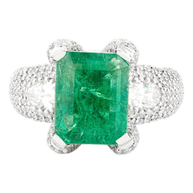 4.55 Ct Emerald and Diamond Asian Cocktail Ring Size 5 For Sale