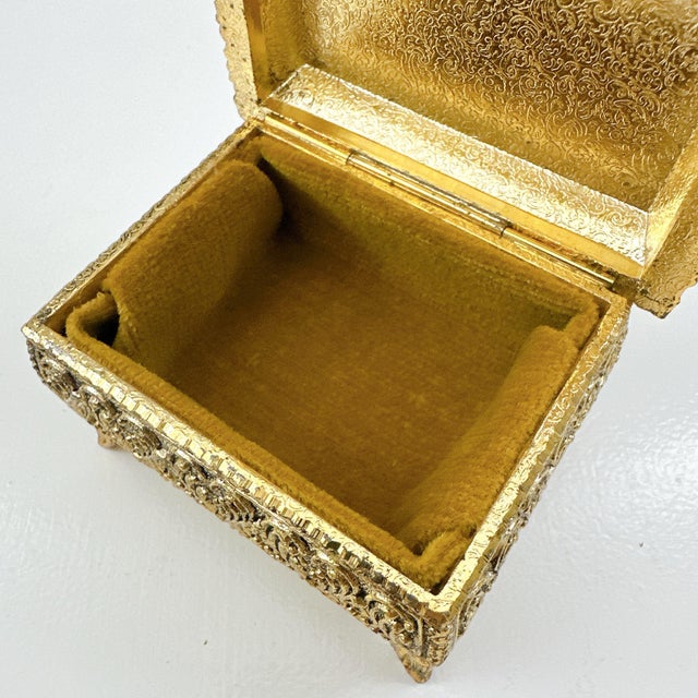 1960s Vintage Japanese Chokin Jewelry Box, Peacock Trinket Box, Gilded Metal Keepsake Box, Made in Japan, Gold Tone Vanity Decor For Sale - Image 5 of 12