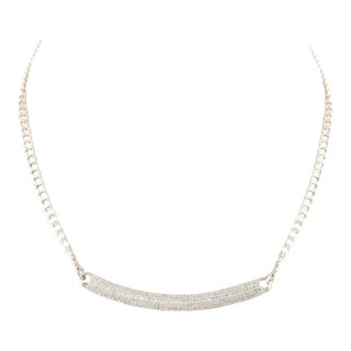 14k Solid White Gold Cluster Diamonds Bar Chain Necklace For Sale