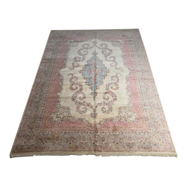 Vintage Persian Style Ivory, Dusty Rose & Powder Blue Floral Palace Rug, Circa Mid-20th Century – 15’11” X 11’4” For Sale