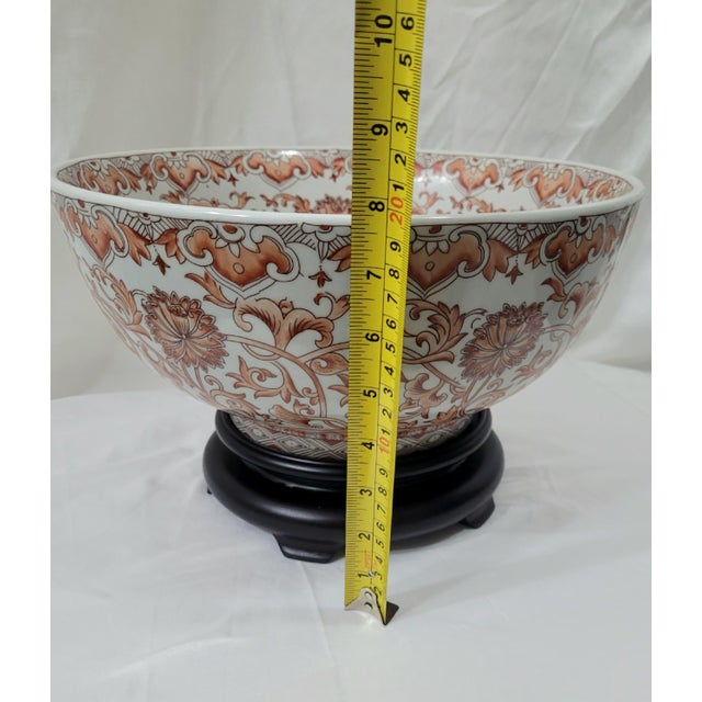 Large Chinese Porcelain Floral Burnt Orange Chinoiserie Bowl With Stand For Sale - Image 9 of 9