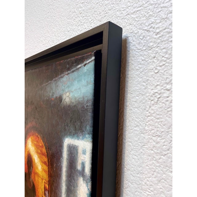 This oil on canvas piece captures a moment of transition as a figure steps out from a dimly lit interior into a softly...