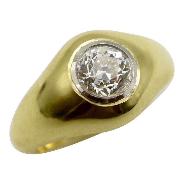 18k Gold Old European Cut Diamond Rub Over Ring Size 7.25 For Sale