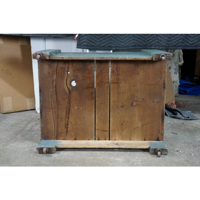 Antique Primitive Pine Bin Teal Blue Milk Paint Wood Storage Rolling Crate Box For Sale - Image 14 of 16