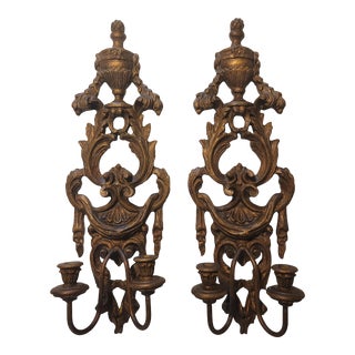 Mid 20th Century Hand-Carved Pair of Italian Wood Candle Sconces For Sale