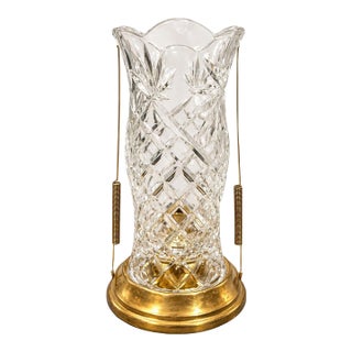 Vintage Cut Glass Hurricane Candle Holder With Faceted Diamond & Floral Design For Sale