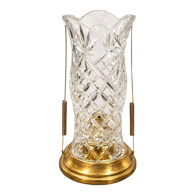 Vintage Cut Glass Hurricane Candle Holder With Faceted Diamond & Floral Design For Sale