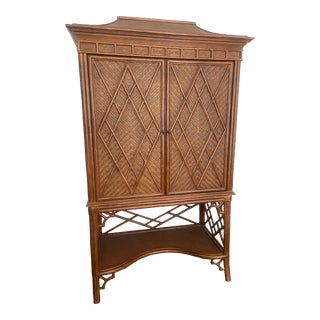 Late 20th Century Chippendale-Style Woven Rattan Pagoda Fretwork Cabinet For Sale