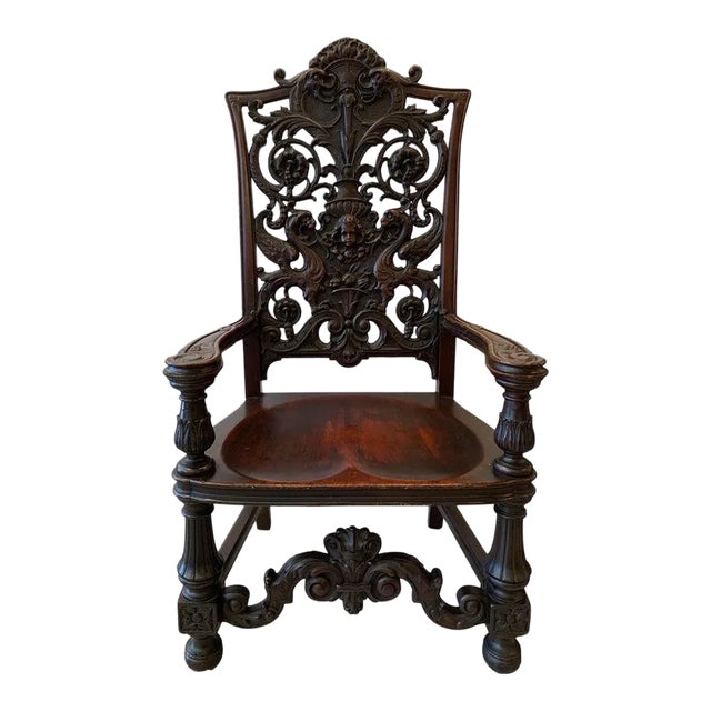 1880s Carved Mahogany Chair With Floral Design For Sale