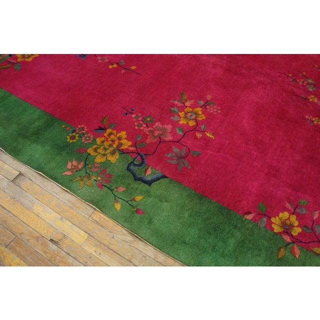 1920s Pink Cerise Floral Vase Antique Chinese Art Deco Carpet 9' X 11' 6'' Knotted Wool Rug For Sale - Image 10 of 12