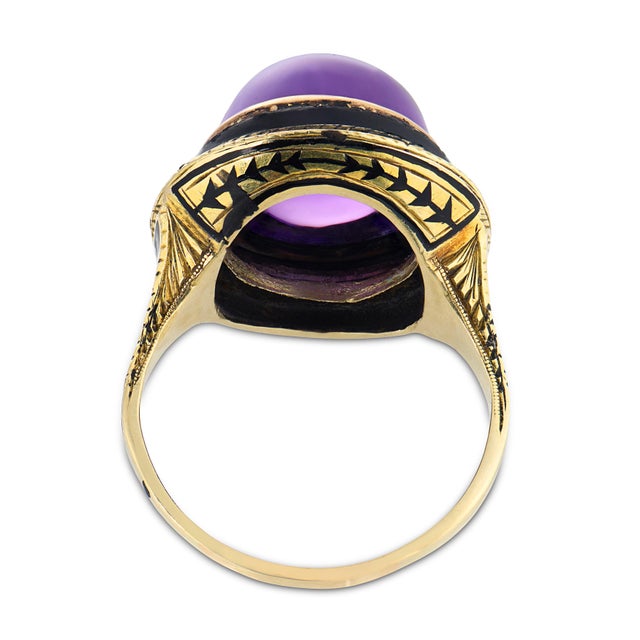 1910s Art Nouveau 7.25 Carat Amethyst 14k Yellow Gold Enamel Cocktail Ring, Size 6.75 For Sale In Los Angeles - Image 6 of 6