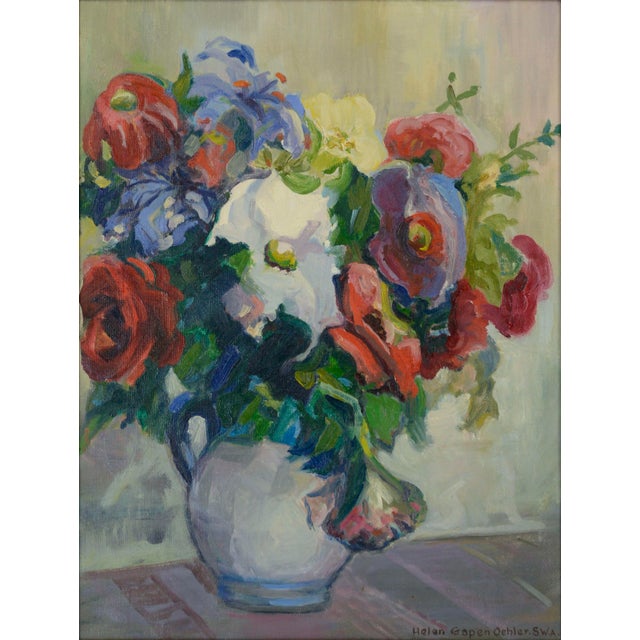 A lush spring bouquet bursts forth with a bounty of beautiful, vibrant flowers in bloom in this mid century floral still-...