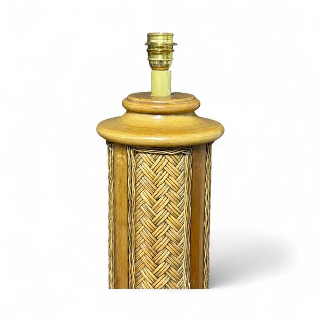 French lamp circa 1950. French floor lamp circa 1950, made of wood and rattan, with braided or embossed decorative work...