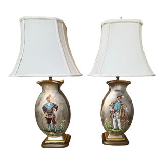 Pair of Vintage Italian Hand-Painted Renaissance Style Table Lamps With Heraldic Motifs For Sale