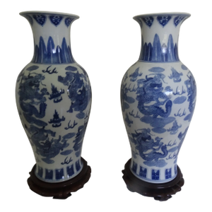 Vintage Chinese Blue & White Vases With Stands- a Pair