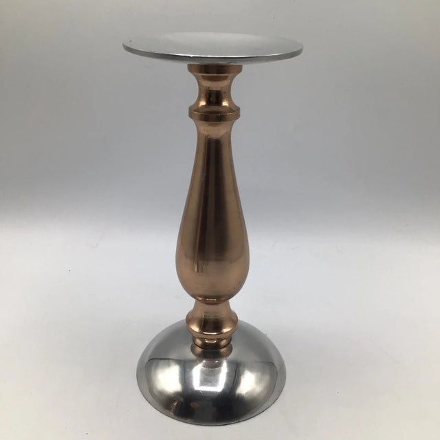 Rose Silver & Rose Gold Anodized Aluminum Pillar Candle Holders - A Pair For Sale - Image 8 of 13