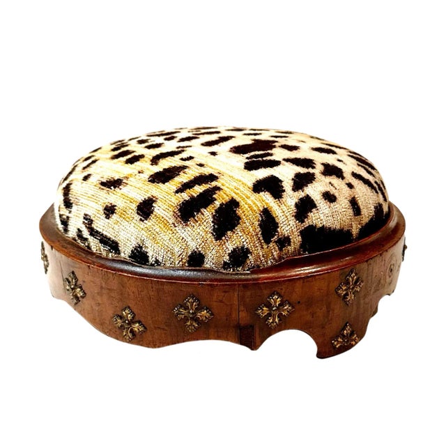 Antique English Footstool With Vintage Scalamandré For Sale - Image 4 of 6