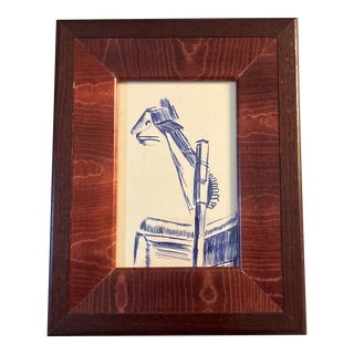 1970’s Abstract Small Blue Ink Drawing Fancy Wood Frame For Sale