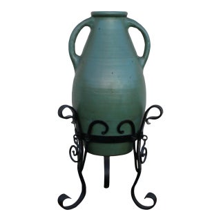 Antique 1920s Olive Green Glazed Oil Jar With Wrought Iron Stand For Sale