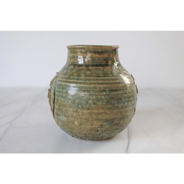 Mid-Century Modern Vintage Textured Studio Art Pottery Vessel Signed For Sale - Image 3 of 9