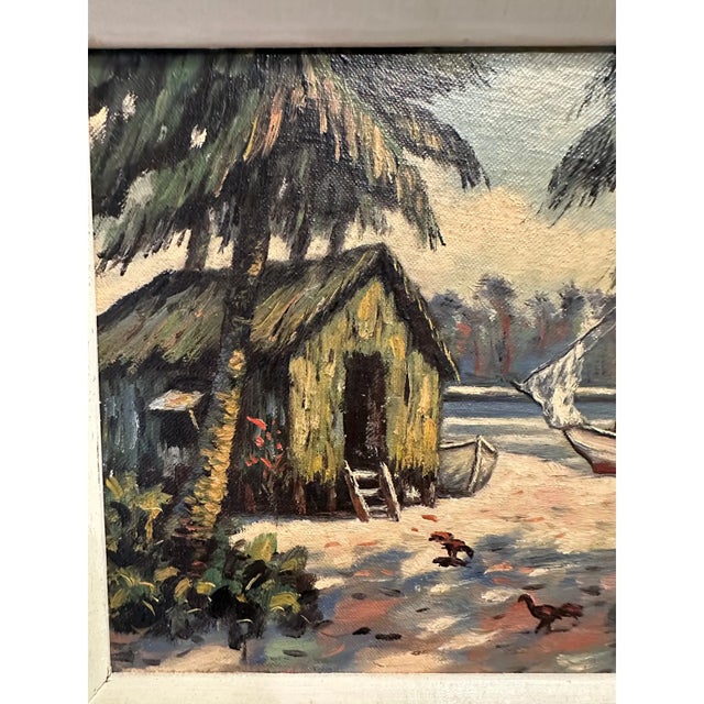 Vintage Mid-Century Signed Coastal Oil Painting With Palm Trees & Chickens For Sale In Los Angeles - Image 6 of 15