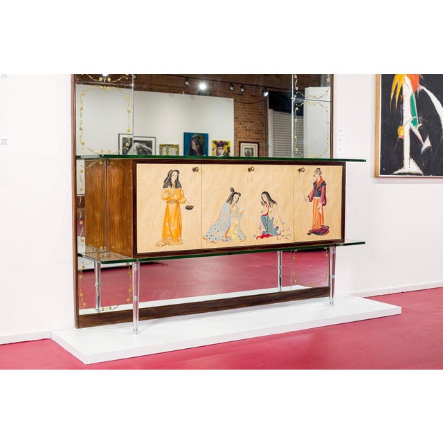 Wood Mid Century Mirrored Bar Cabinet Credenza With Asian Motif, Made in Italy For Sale - Image 7 of 15