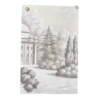 Hand Painted Scenic Landscape Wallpaper Mural With Classic Garden Architecture For Sale