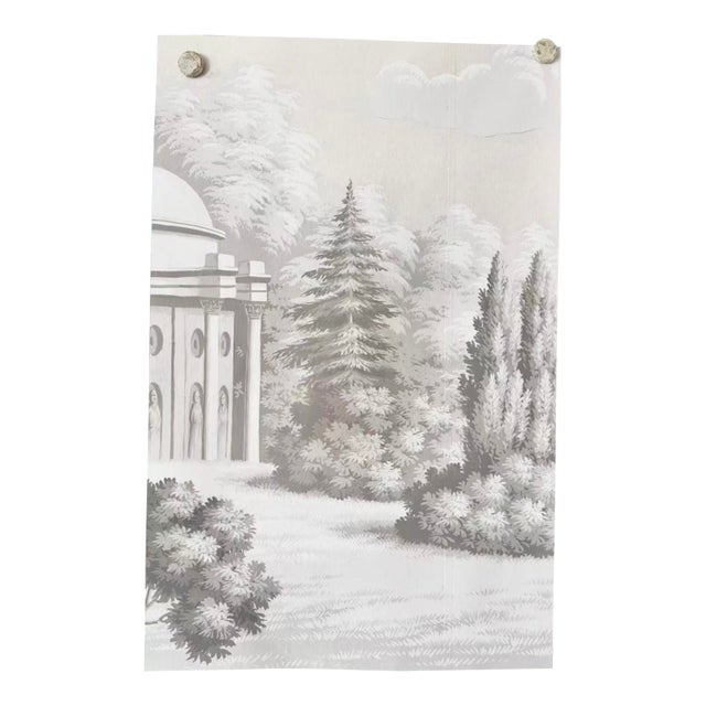 Hand Painted Scenic Landscape Wallpaper Mural With Classic Garden Architecture For Sale
