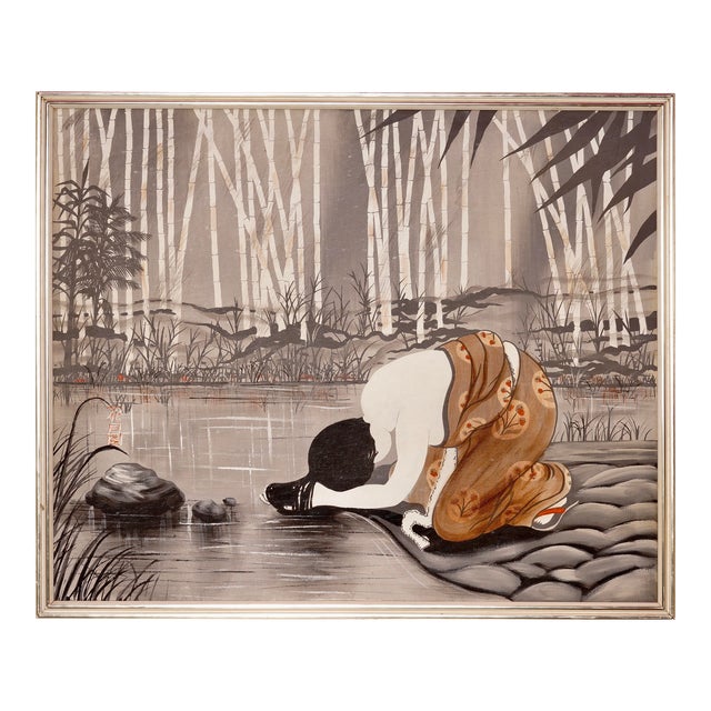 1970s Vintage Chinese Women Washing, Bamboo Oil on Canvas