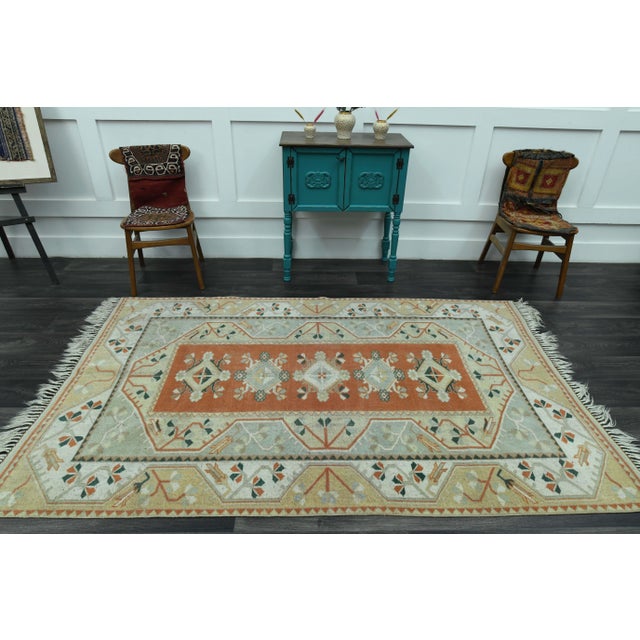 1970s Vintage Turkish Handmade Wool & Cotton Orange Area Rug For Sale - Image 4 of 11