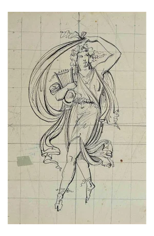 Unknown, Artemis With the Harp, Pen Drawing, Early 20th Century