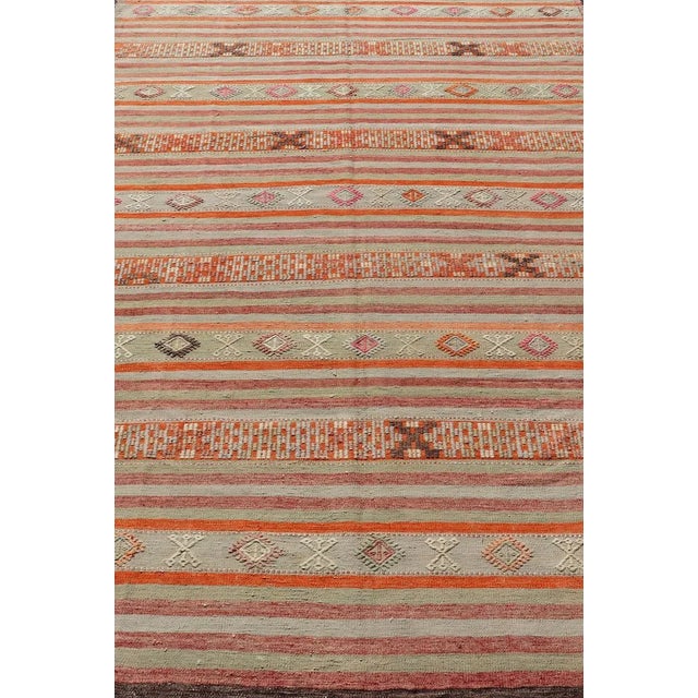Vintage Turkish Kilim with with Embroideries in Colorful Stripes including Orange, Lt. green, red & gray, charcoal and...