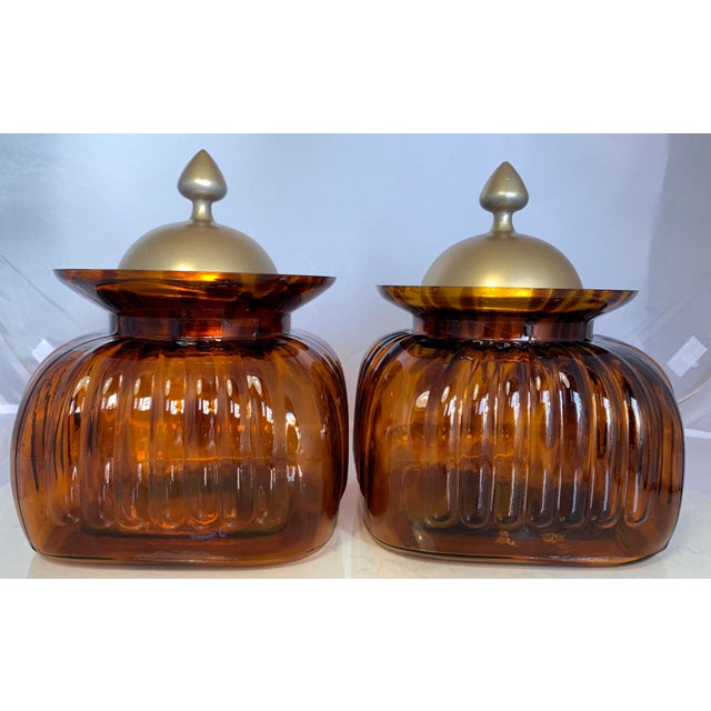 Vintage Fluted Amber Tortoise Pattern Glass And Pewter Lid Canister Jars A Pair Chairish