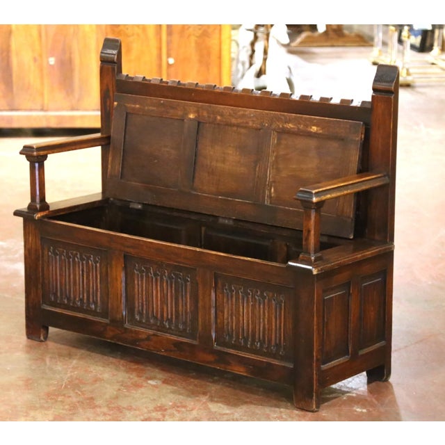 Early 20th Century French Gothic Revival Carved Oak Hall Bench With Storage For Sale In Dallas - Image 6 of 9