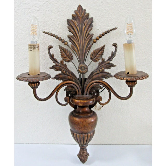 Fine Art Lamps Pair of 1960s Fine Arts Company Wood and Metal Plant Urn Two Light Wall Sconces For Sale - Image 4 of 9
