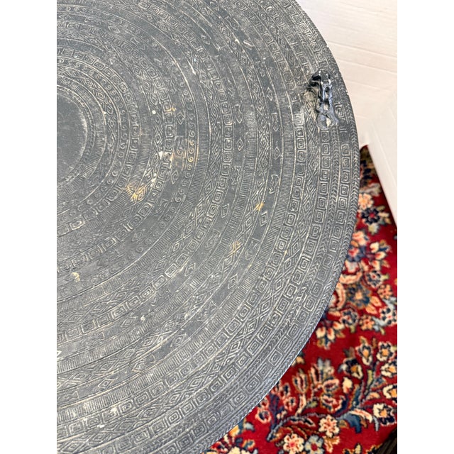 Asian Antique Patinated Metal Frog Drum Table With Engraved Top For Sale - Image 3 of 5
