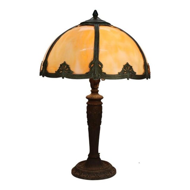 1920s Arts & Crafts Era Bradley & Hubbard Style 6-Panel Slag Glass Lamp For Sale - Image 11 of 14