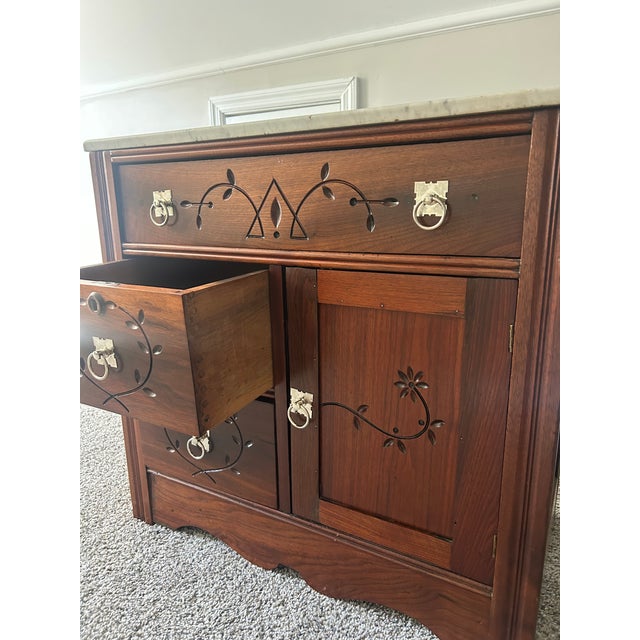 Victorian Victorian Eastlake Walnut Washstand With Marble Top — Incised Decoration, Circa 1880s For Sale - Image 3 of 4