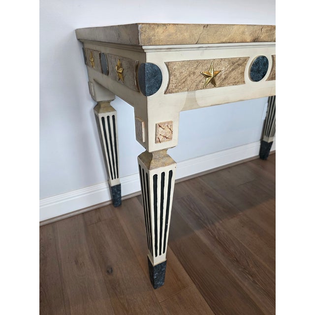 Neoclassical Gustavian Style Gilt Bronze Mounted Cream Painted Console Table With Marbelized Faux Marble For Sale - Image 11 of 18
