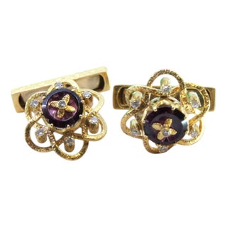 Gold Cufflinks with Onyx and Brilliant-Cut Diamonds, Set of 2 For Sale