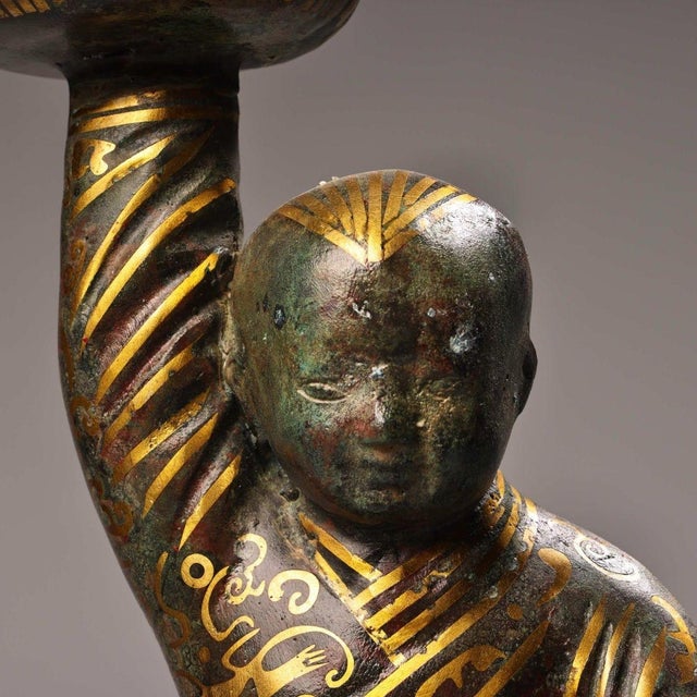 Vintage Bronze Oil Lamp With Gold Inlay - Kneeling Boy Figure For Sale - Image 10 of 10