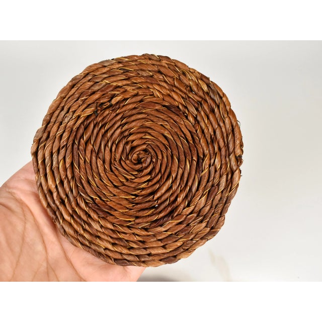 Wood Vintage Hand-Woven Oval Placemat & Round Coaters Set - 8 Pieces For Sale - Image 7 of 9