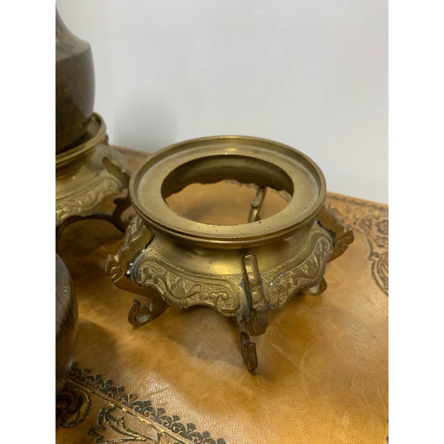 Pair of Vintage Small Marble Urns on Ornate Brass Stands For Sale - Image 4 of 5