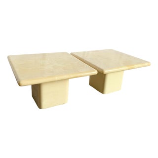 Postmodern Cream Faux Marble Square Top Side Tables - A Pair For Sale